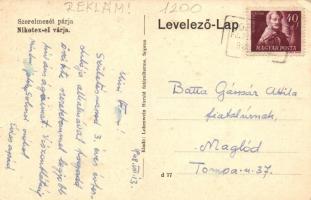 1948 Sopron, Állami felsőbb leányiskola, a hátoldalon reklám 'Szerelmesét párja Nikotex-el várj...