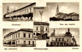 Máramarossziget, Sighetu Marmatiei; Utcarészlet, Kaszinó, Országzászló, Római Katolikus templom, Református gimnázium / street, Casino, National flag, church, grammar school