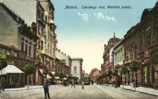 Miskolc, Széchenyi utca, Weidlich palota, villamos, Demeter üzlete, kiadja Grünwald Ignác