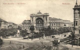 Budapest VII. Keleti pályaudvar, villamos, Baross szobor, Takács Ferenc üzlete (EK)