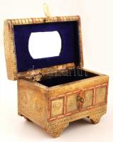 Réz lemezes fa piperés doboz, plüss belsővel, tükörrel, 11×17 cm