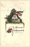Születésnapi üdvözlőlap, német zászlók, M.S.i.B. 147. dombornyomat, litho, Birthday greeting card, German flags, M.S.i.B. 147. Emb. litho