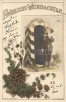 Christmas, boy soldier, pine cones