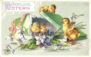 Easter, chicken, floral, Emb. litho