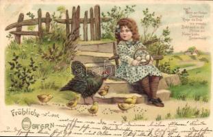 Easter, chicken, girl, Emb. litho (r)