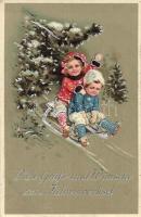 New Year, sledging children, HWB Ser. 4528. silver decoration, litho (Rb)