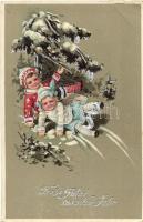 New Year, sledging children, HWB Ser. 4528. silver decoration, litho (EB)