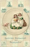 New Year, Dutch girls, pig, M.S.i.B. 13658. Emb. litho (EK)