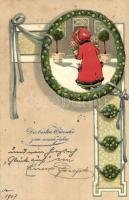 New Year, girl, Art Nouveau, Emb. litho