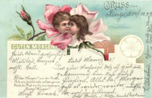 1899 Guten Morgen / Greeting card, children heads in flowers, bizarre, E.B. & C.i.B. s. 9079. litho