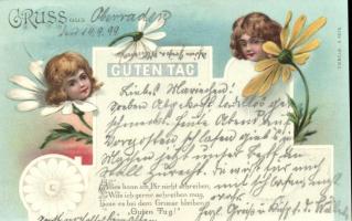 1899 Guten Tag / Greeting card, children heads in flowers, bizarre, E.B. & C.i.B. s. 9079. litho