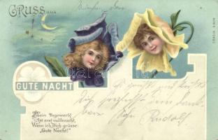 1899 Guten Nacht / Greeting card, children heads in flowers, bizarre, E.B. & C.i.B. s. 9079. litho