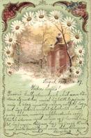 Virágos Art Nouveau üdvözlőlap, dombornyomott,  litho, Art Nouveau floral greeting card, Emb. litho