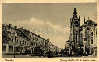 Munkács, Mukacseve; Horthy Miklós-tér, Rákóczi utca, automobile, autobus / square, street (EK)