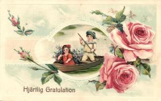 Greeting card, children, roses, floral, G.G.K. No. 863. Emb. litho