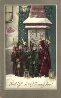 New Year, children in costumes, litho