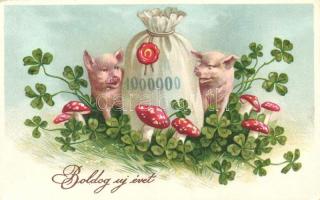 New Year, pigs, mushrooms, clover, bag of money, Amag 3001. litho