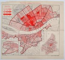 1891 Budapest Főváros érdekes térképek: &quot;A túlzsúfoltan lakók elosztása, A szobák lakottsága, Viszonylagos népesség, Beépített terület, 4db különböző méretben és minőségben, 34x37cm, 27x37cm