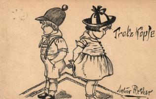 Trotz Köpfe / Children, hand-drawn art postcard s: Artur Rother (EK)