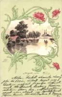 Art Nouveau greeting card, Emb. litho, Art Nouveau üdvözlőlap, dombornyomat litho