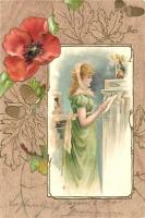 Hölgy, Art Nouveau, virágos üdvözlőlap, dombornyomat, litho, Lady, Art Nouveau, floral greeting card, Emb. litho