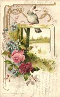 Floral Emb. litho greeting card, Üdvözlőlap, galamb, virág dombornyomat, litho