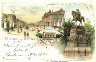 Berlin, Schlossbrücke, Ruhmeshalle, Denkmal Friedrich d. Grosse / castle bridge, hall, statue, floral, litho (EK)
