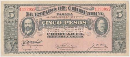 Mexikó / Forradalom / Chihuahua 1914. 5P hátoldalán kék bélyegzés T:restaurált Mexico / Revolution / Chihuahua 1914. 5 Pesos with blue stamp on back C:restored