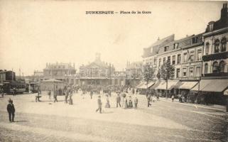 Dunkirk, Dunkerque; Place de la Gare / railway station square, hoel, tobacco shop, tram