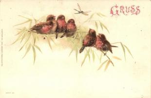 Greeting card with red avadavats and dragonfly, Emil Dotzert Kunstverlag serie 180, litho