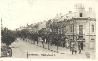 Losonc, Lucenec; Masaryk utca, Neumann és Löwy boltja / street, shop (ragasztónyom / gluemark)