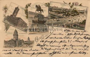 Berlin, Rathaus, Denkmal Friedrich des Grossen, Lustgarten, Gendarmenmarkt / town hall, statue, park, square, Kunstanstalt Schwerdtfenger &amp; Comp. floral, litho (small tear)