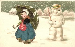 Child in winter with snowman, litho