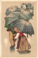Regen und Sonnenschein Child with umbrella, Meissner & Buch serie 1313, litho