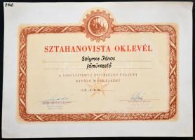 1954. &quot;Sztahanovista&quot; kitüntetés oklevele T:I-