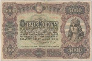 1920. 5000K piros sorozat- és sorszám T:III részben restaurált Hungary 1920. 5000 Korona with red serial number C:F partly restored Adamo K38