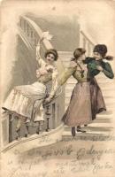Three ladies on the staircase, golden decoration, litho (fa)