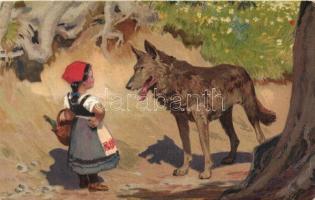 Little Red Riding Hood, wolf, Meissner & Buch serie 1874 Deutsche Marchen, litho, s: Paul Hey (EB)