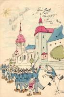 Toy soldiers marching band, German Pickelhaube, graphic postcard (small tear)