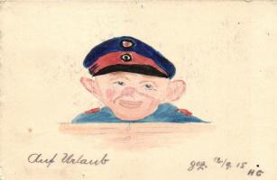 Man in uniform, caricature, German hand painted postcard (non PC) (pinhole)