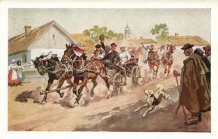 Hortobágy, csikósok, csárdás, lakodalom - 6 db megíratlan Benyovszky szignós magyar népviseletes műv...