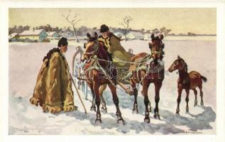 Hortobágy, csikósok, csárdás, lakodalom - 6 db megíratlan Benyovszky szignós magyar népviseletes műv...