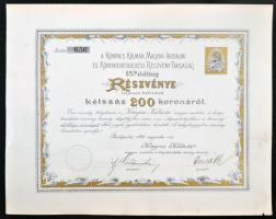 Budapest 1898. &quot;Könyves Kálmán Magyar Irodalmi és Könyvkereskedési Részvény Társaság&quot; 6%-os elsőbbségi részvénye 200K-ról, szárazpecséttel, szelvényekkel T:II kis szakadás