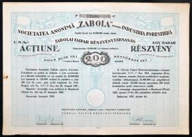 Románia / Bukarest 1922. &quot;Zabolai Faipar Részvénytársaság&quot; részvénye 200L-ről szelvényekkel T:II Romania / Bucharest 1922. &quot;Zabola Wood Industry Company Ltd.&quot; share about 200 Lei with coupons C:XF