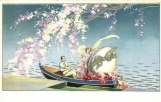 Italian art postcard, couple in rowboat with a huge egg, probably Easter, Degami No. 3580, golden decoration (EM)