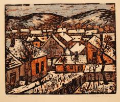 Réti Mátyás (1922-2002): Házak. Színezett linó, papír, jelzett, felcsavarva, 22×28 cm