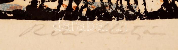 Réti Mátyás (1922-2002): Házak. Színezett linó, papír, jelzett, felcsavarva, 22×28 cm