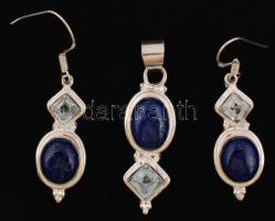 Ezüst(Ag) fülbevaló pár és hozzá illő függő lápisz lazuli és kvarc kövekkel díszítve, jelzett, br: 18,9 g