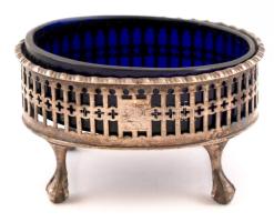 Ezüst(Ag) sótartó kék üvegbetéttel(rajta apró csorbával), jelzett, 56,1 g