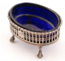 Ezüst(Ag) sótartó kék üvegbetéttel(rajta apró csorbával), jelzett, 56,1 g